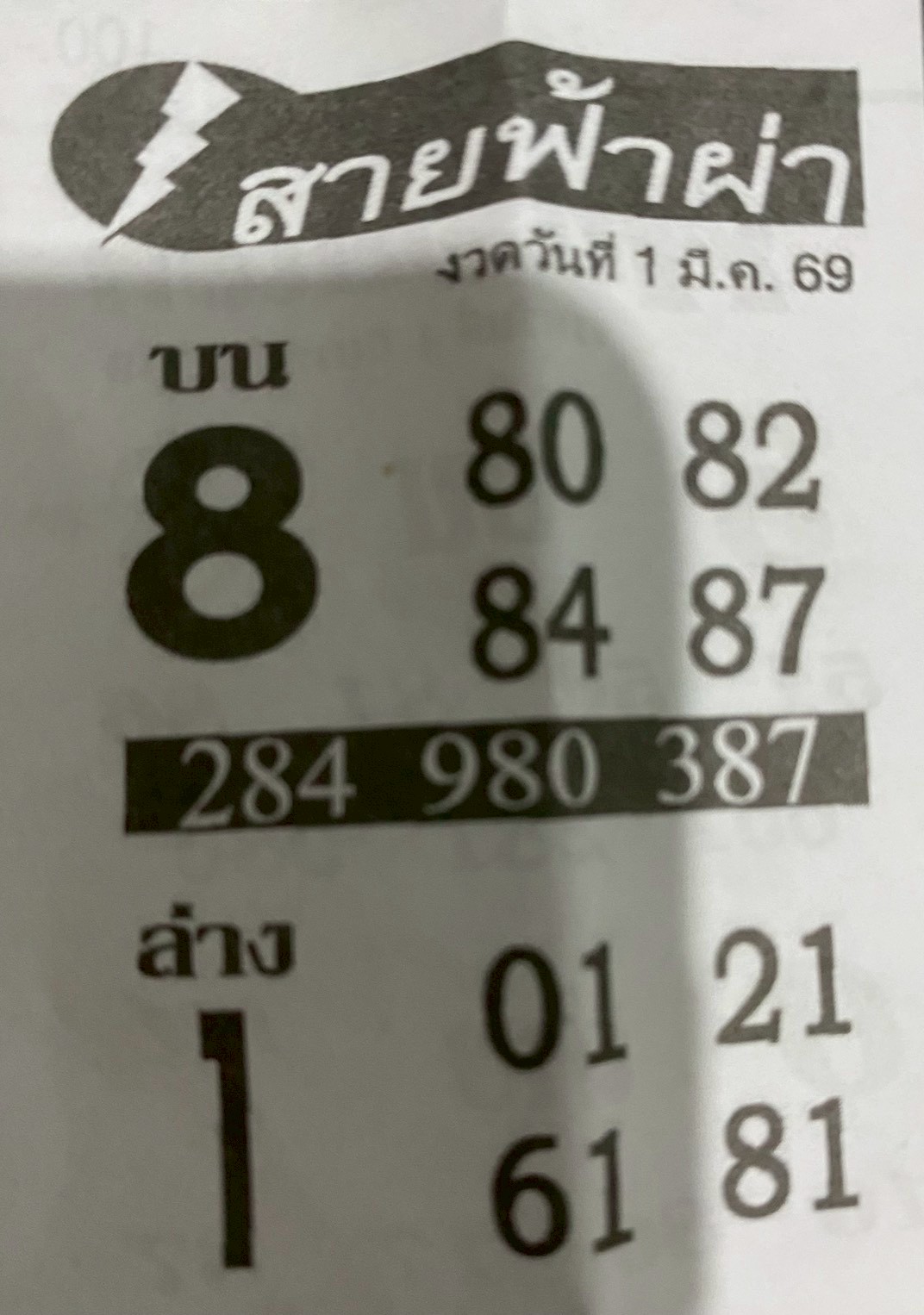 หวยซอง สายฟ้าผ่า 01/03/69