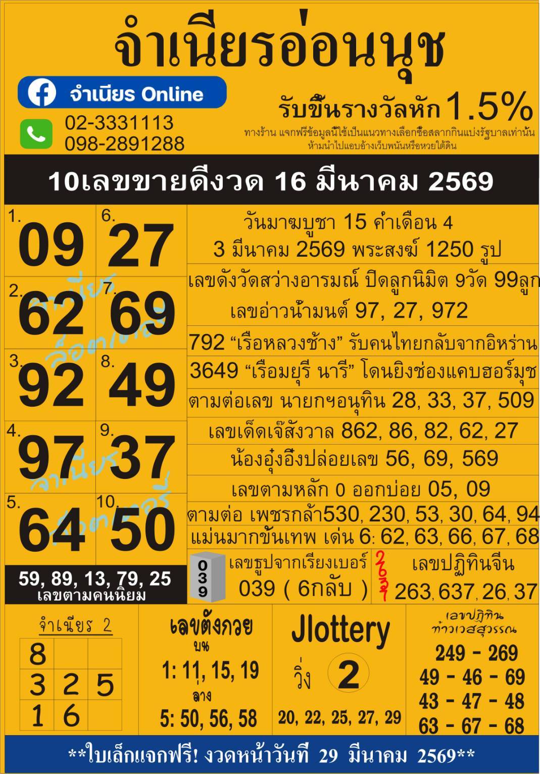 เลขเด็ดสลากใบแดง-แม่จำเนียรอ่อนนุช 16/03/69 [สิบเลขเด็ดขายดี]