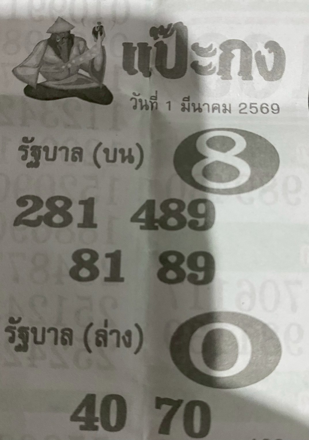 หวยซองแป๊ะกง 01/03/69 สำหรับแฟนหวยชุดแป๊ะกง