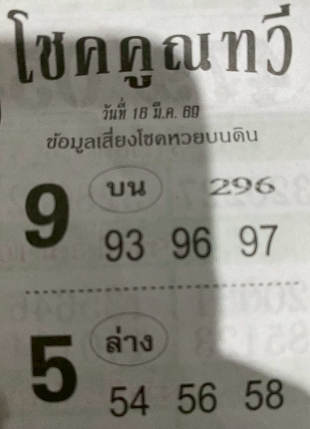 หวยซองโชคคูณทวี 16/03/69