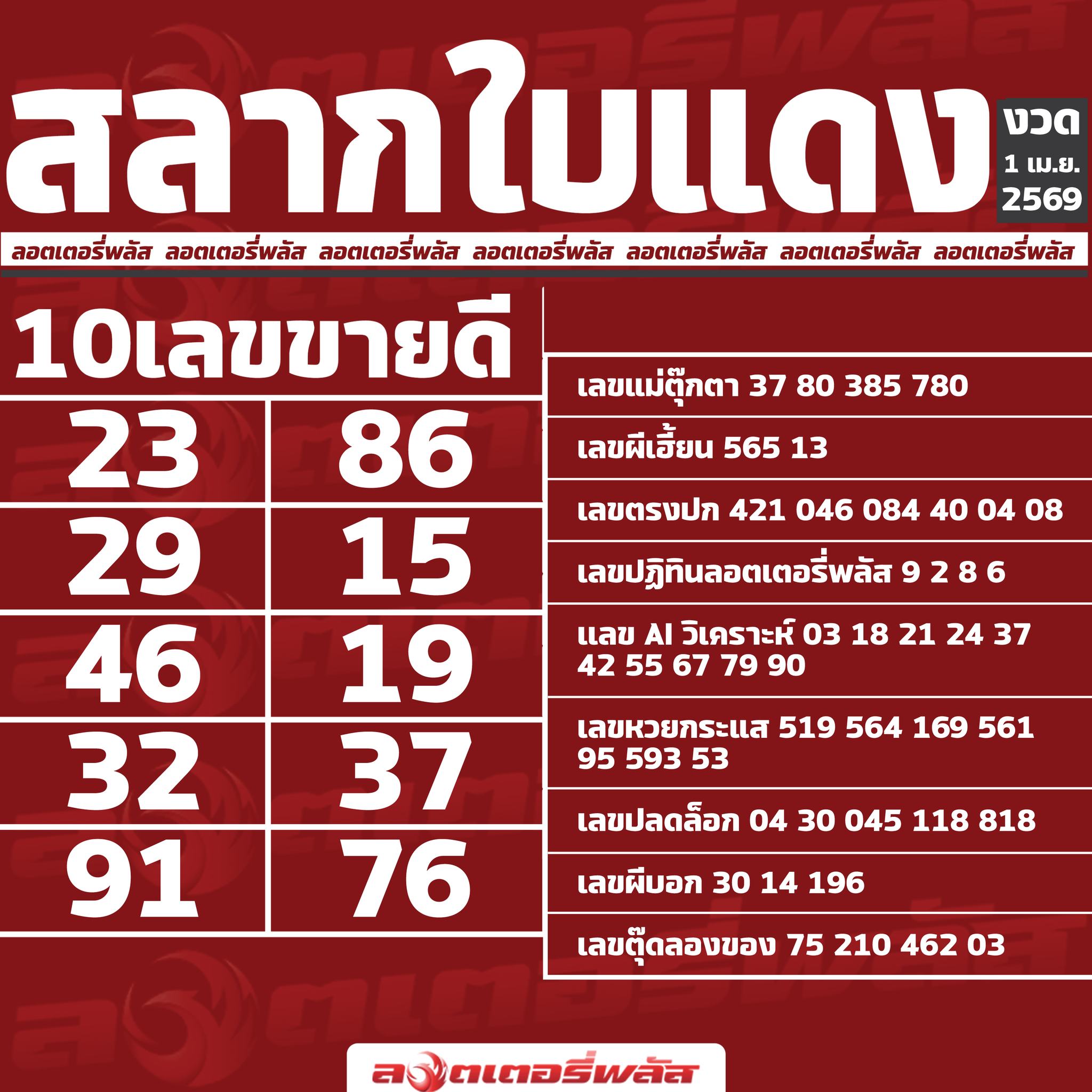 เลขเด็ดสลากใบแดง-แม่จำเนียรอ่อนนุช 01/04/69 [สิบเลขเด็ดขายดี]