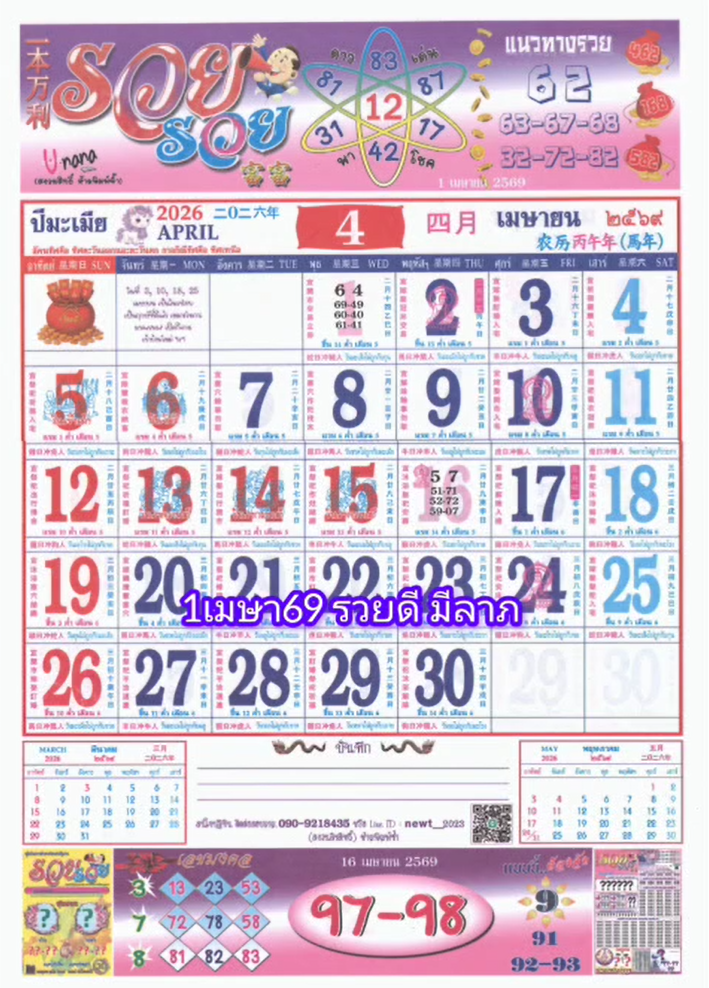 รวมเลขหวยปฎิทิน แม่นทุกงวดแป๊ะปังจริง 01/04/69