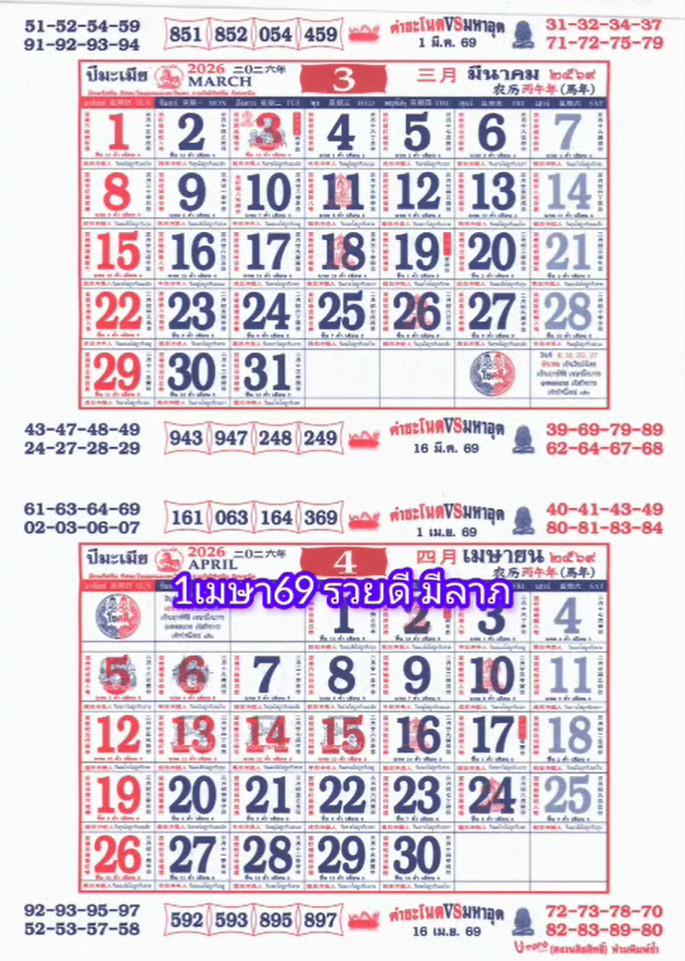 รวมเลขหวยปฎิทิน แม่นทุกงวดแป๊ะปังจริง 01/04/69