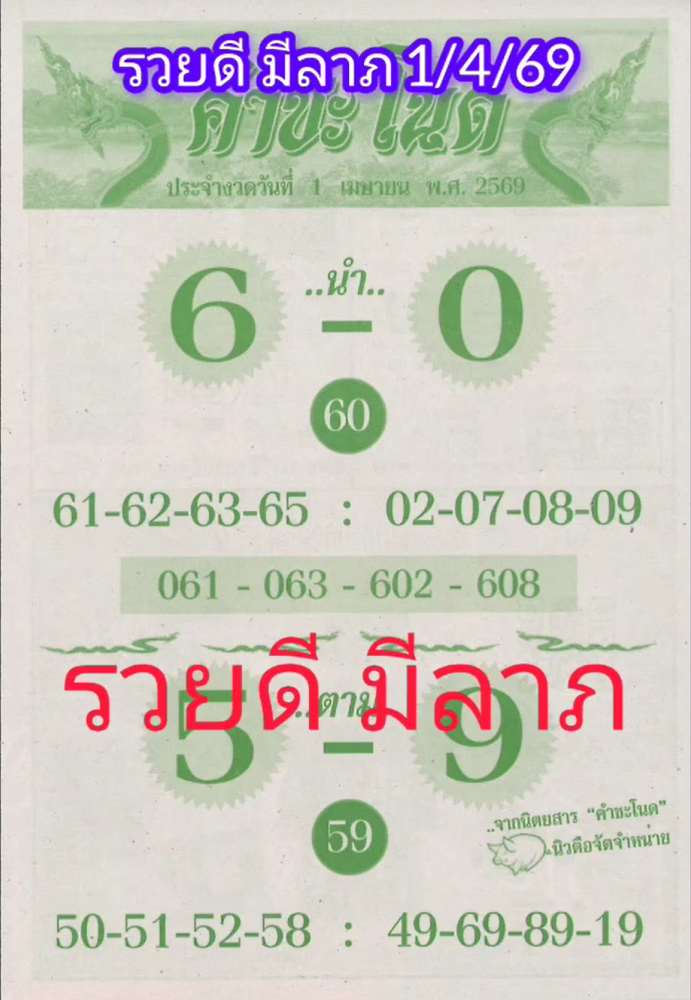 รวมเลขเด็ดหวยซองเด่นๆ แม่นๆ งวด 01/04/69