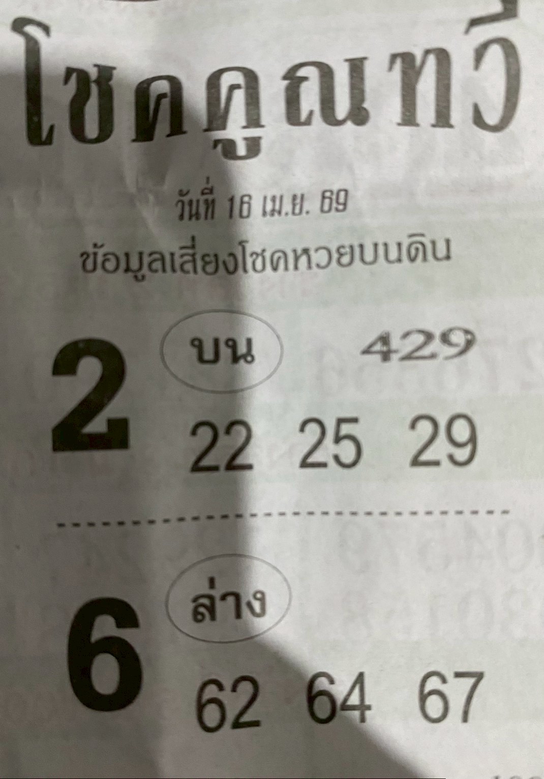 หวยซองโชคคูณทวี 16/04/69