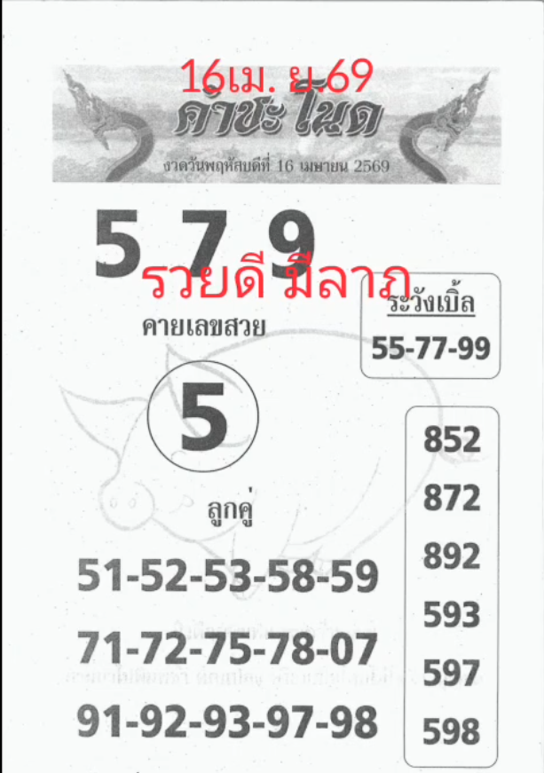 เลขเด็ดพ่อปู่แม่ย่าพญานาค-คำชะโนด งวด 16/04/69