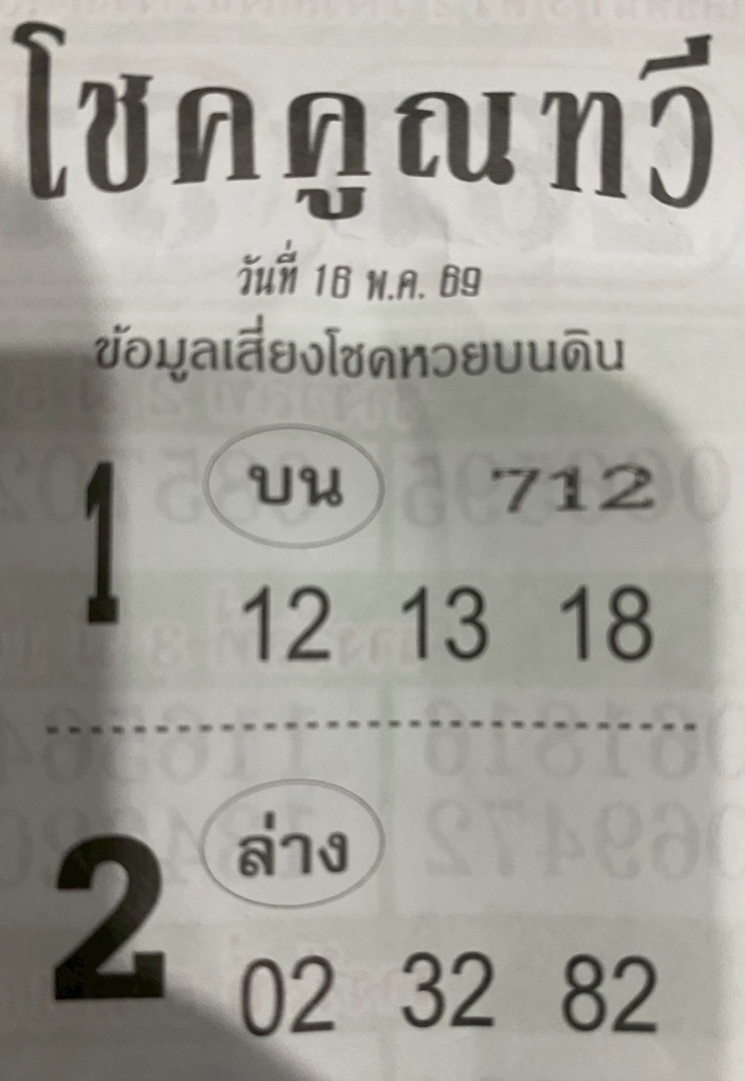 หวยซองโชคคูณทวี 16/05/69