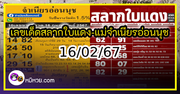 เลขเด็ดสลากใบแดง-แม่จำเนียรอ่อนนุช  16/02/67 [สิบเลขเด็ดขายดี]