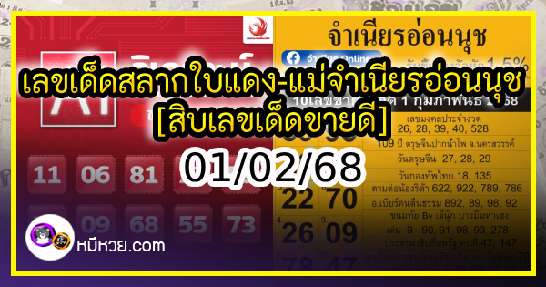 เลขเด็ดสลากใบแดง-แม่จำเนียรอ่อนนุช 01/02/68 [สิบเลขเด็ดขายดี]