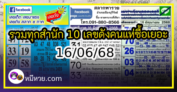 รวมทุกสำนัก 10 เลขดังคนแห่ซื้อเยอะ 16/06/68 เลขห้ามพลาดเด้อสู