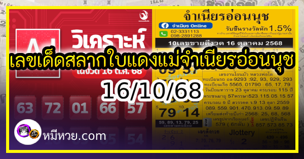 เลขเด็ดสลากใบแดง-แม่จำเนียรอ่อนนุช 16/10/68 [สิบเลขเด็ดขายดี]