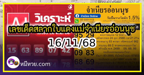 เลขเด็ดสลากใบแดง-แม่จำเนียรอ่อนนุช 16/11/68 [สิบเลขเด็ดขายดี]